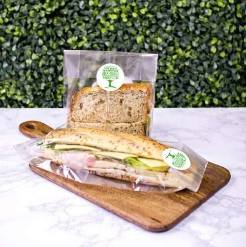 Vegware_concept_bagstogo_VGN4_VGN6_VRST45-GT_sandwiches_marble_leaves NatureFlex multi-bag clear film NatureFlex baguette bag