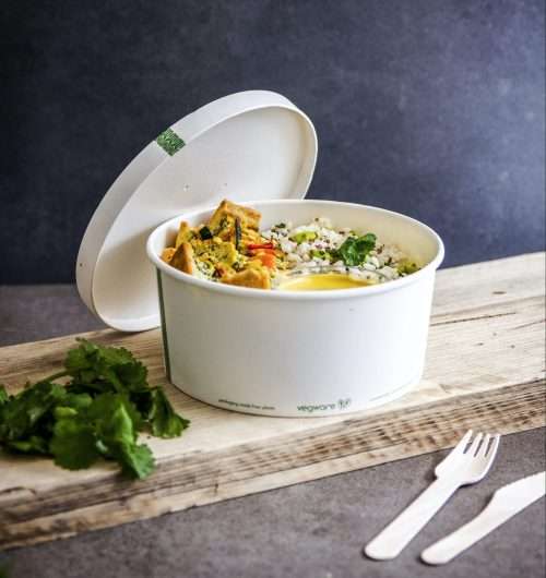 Vegware_concept_bonappetitbowls_RSC-48_VL185P_wood_slate_cutlery_rice_quiche_portrait 48oz PLA-lined paper food bowl PLA-Lined Paper Lid