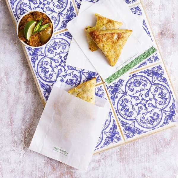 VITAVEG_concept_bagstogo_201267gw_samosa_tiles_overhead_portrait_MEDIUM 6 x 0.75 x 7in white grease-resistant gusset bag