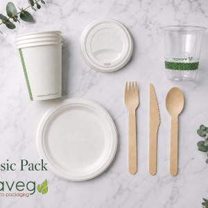 Office Essentials Classic Pack – compostable hot cups, cold cups, plates and wooden cutlery for office break rooms