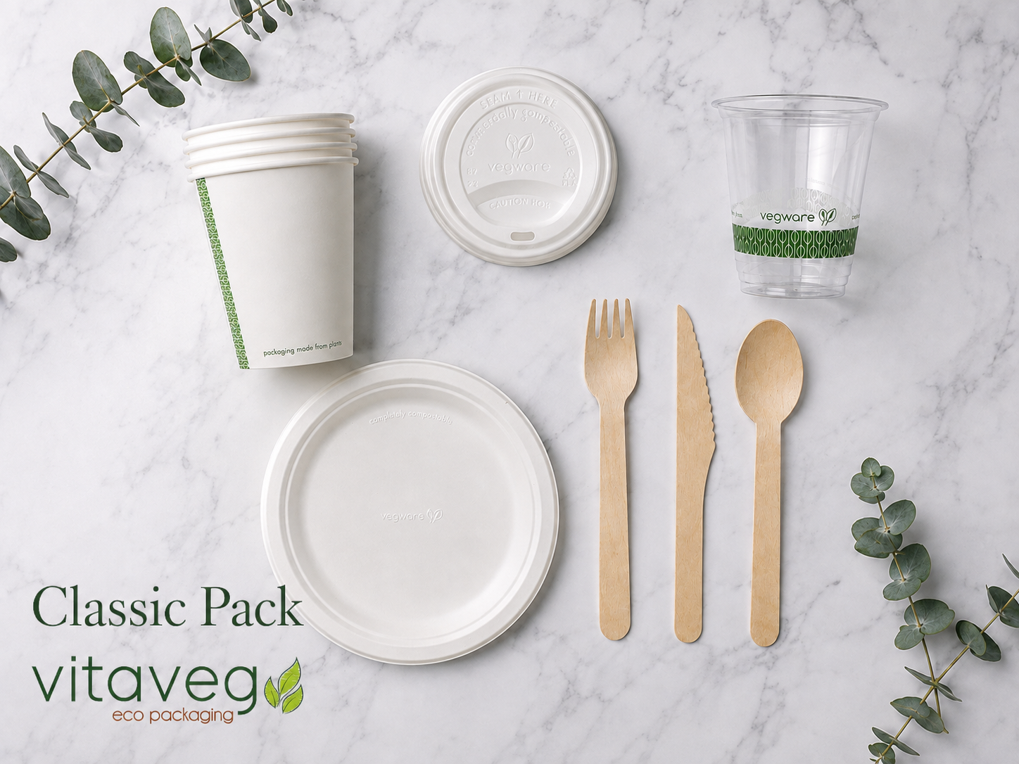 Office Essentials Pack – Classic Office Essentials Classic Pack – compostable hot cups, cold cups, plates and wooden cutlery for office break rooms
