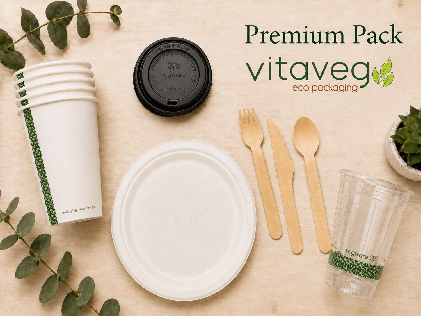 Office Essentials Pack – Premium Office Essentials Premium Pack – compostable 12oz hot cups, 9oz cold cups, 7in plates and wooden cutlery for office break rooms